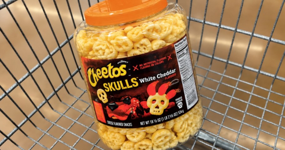 a Cheetos Skulls barrel in a shopping cart