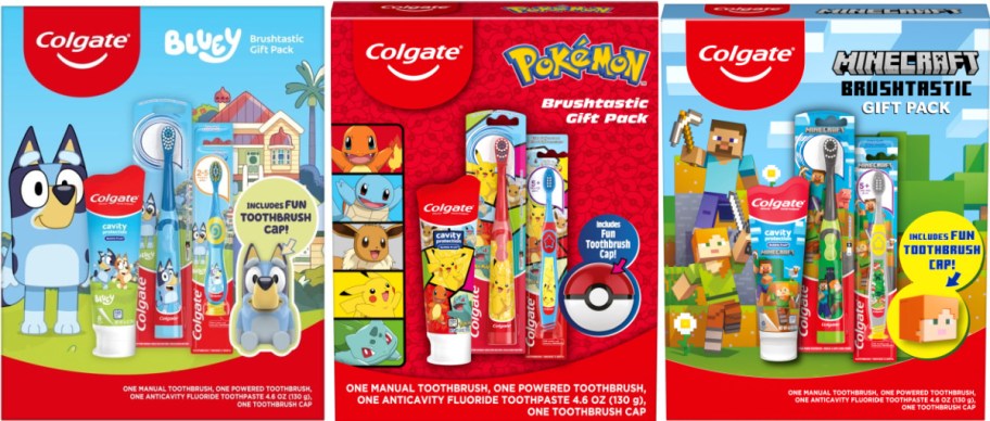 Three Colgate kids character toothbrush sets.