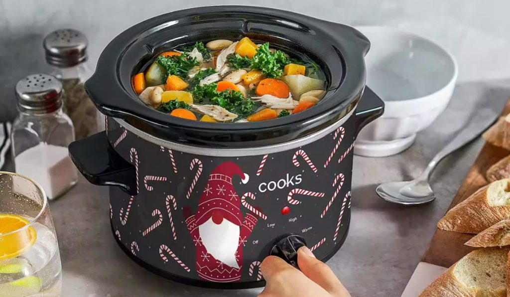 gnome santa slow cooker with food in it