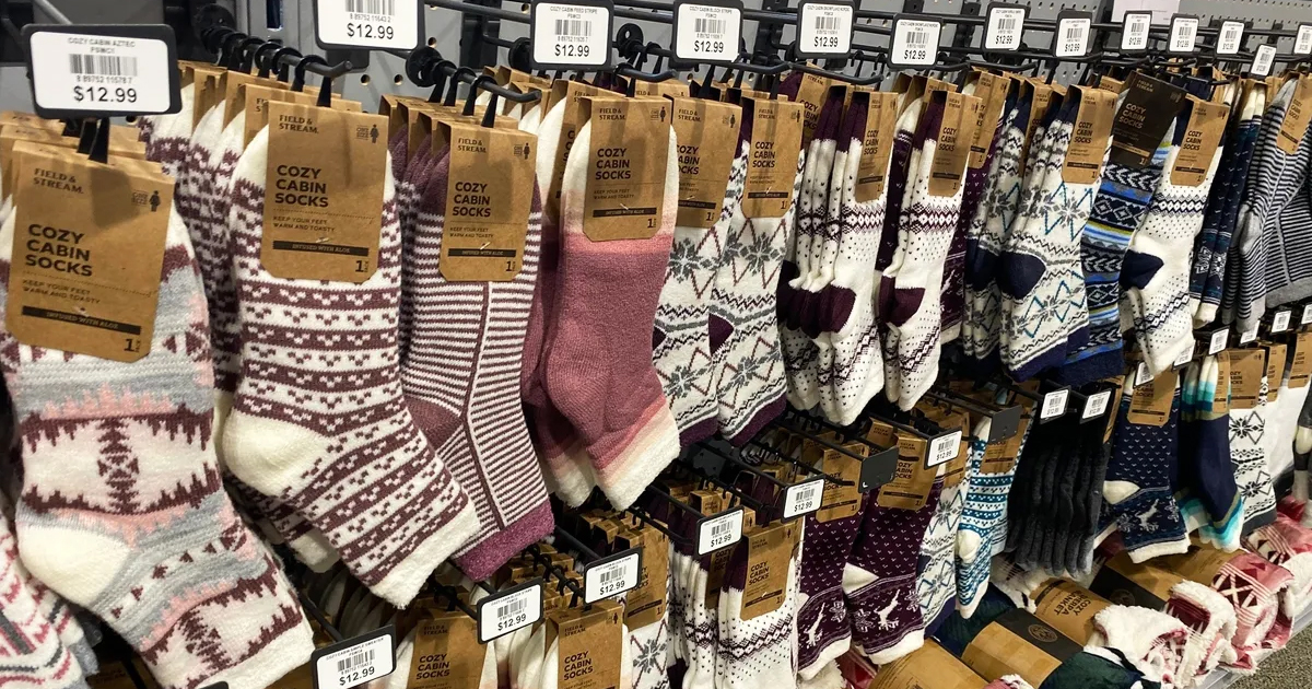 cozy socks hanging in store