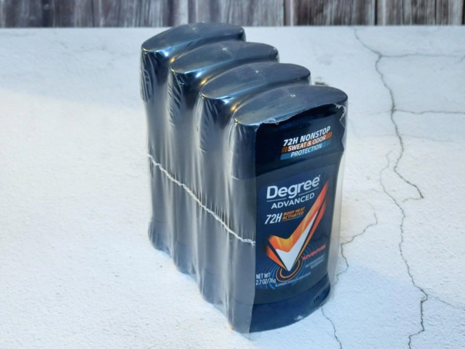 degree men's deodorant 4-pack wrapped in plastic