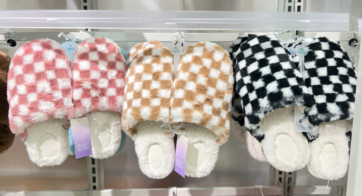 display of 3 checked slippers in different colors