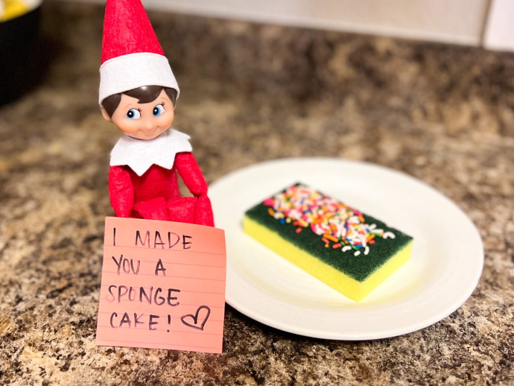 elf sitting next to a sponge with sprinkles