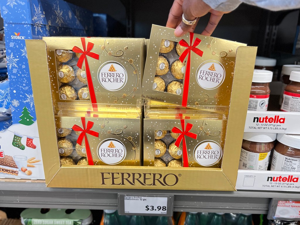 Ferrero Rocher Christmas 12-Piece Candy boxes on shelf in store