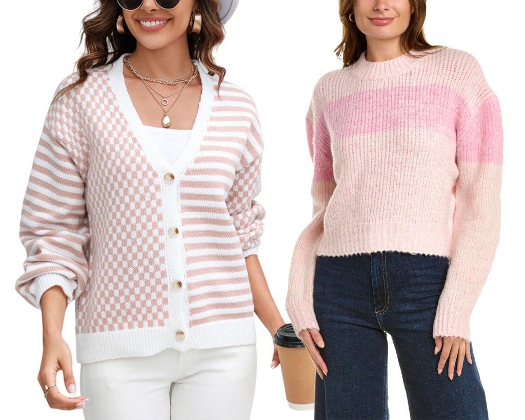 pink checked cardigan and sweater