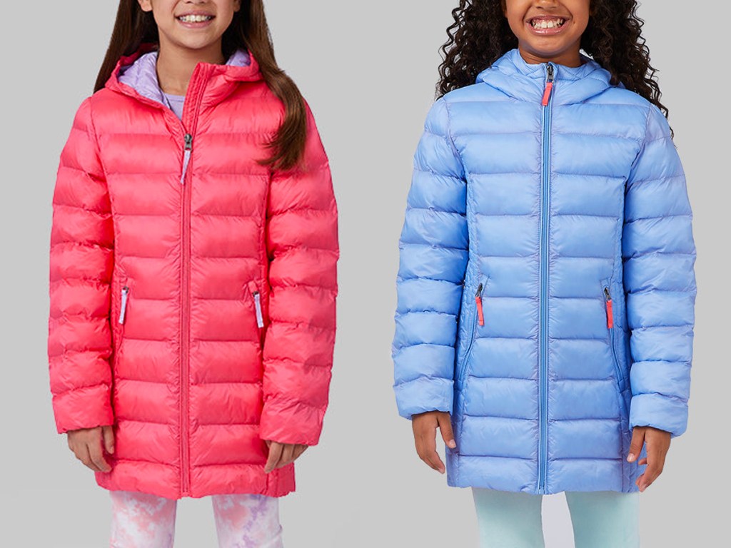 two girls wearing pink and blue puffer jackets