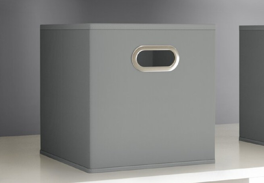 gray bin displayed in the closet next to other bins
