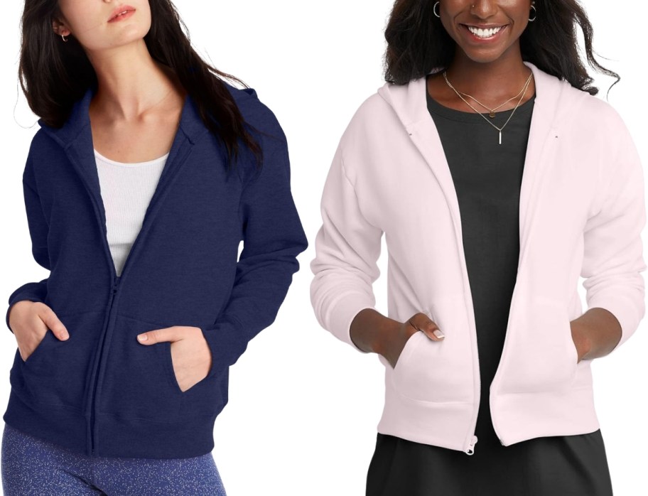 two women in hanes full zip hoodies