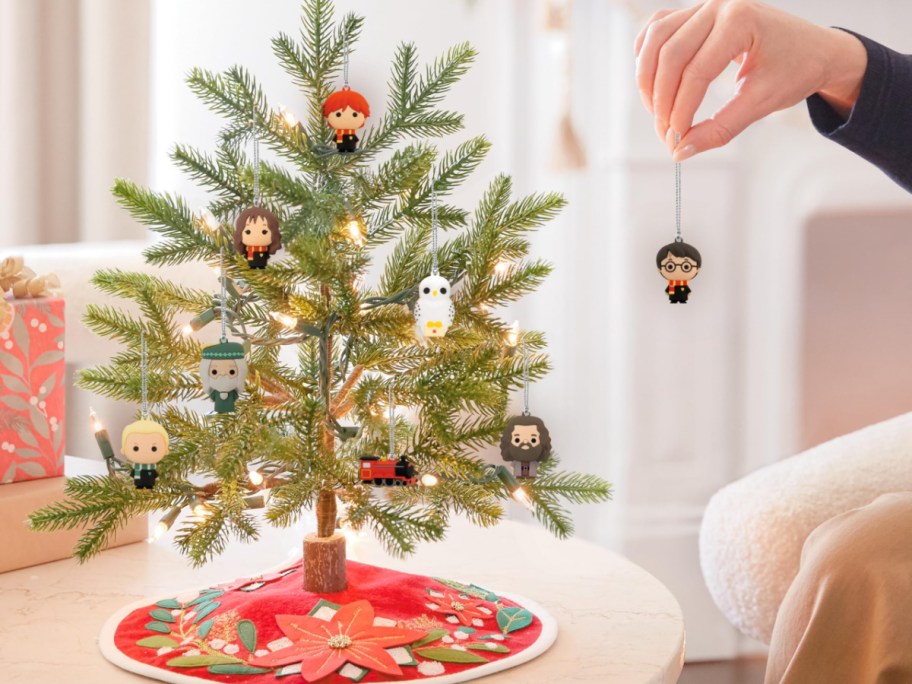 Harry Potter oranaments on a mini Christmas tree.