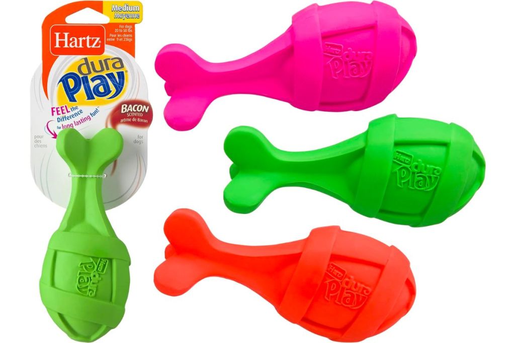 hartz dura play dog toys stock images in neon green, pink and orange