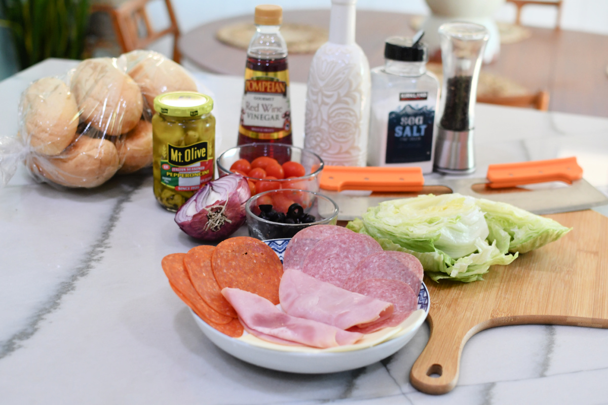 ingredients for chopped Italian sandwich on the counter
