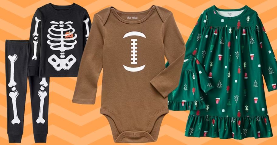 three kids outfits against orange background