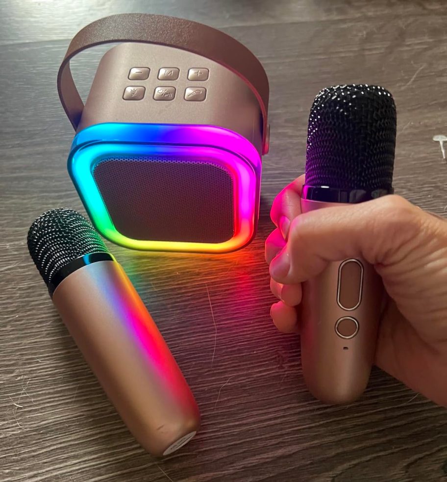 hand holding microphone with karaoke machine on table