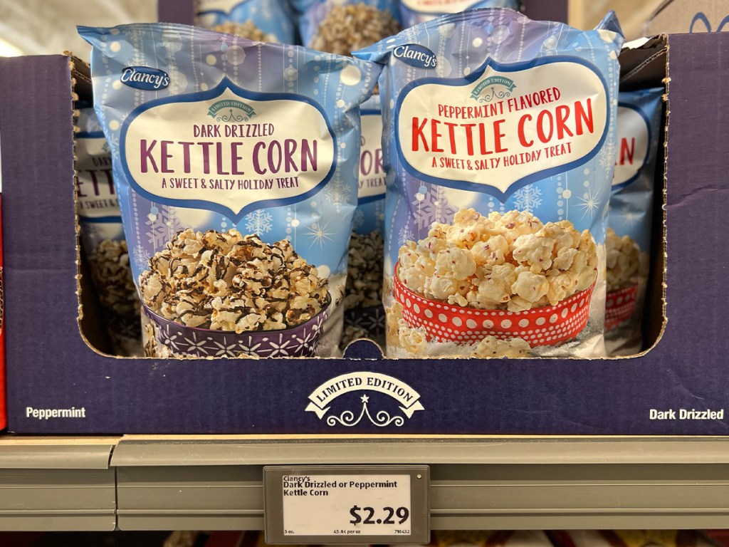 Clancy's Dark Drizzled or Peppermint Kettle Corn Holiday Treats  on shelf in store