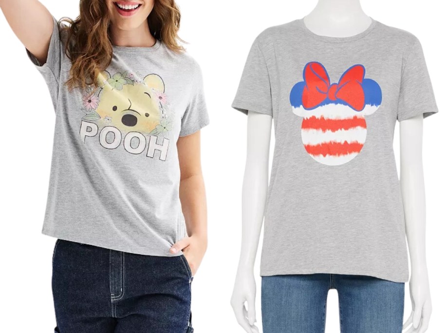 woman wearing a Winnie the Pooh tshirt next to a mannequin wearing a Minnie Mouse head red, white and blue tee