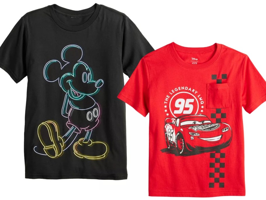 kid's black Mickey Mouse outline tee and red Cars tee