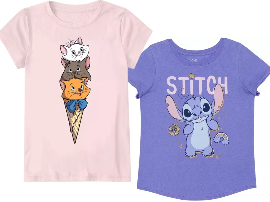 girl's pink Aristocats tee and purple Stitch tee