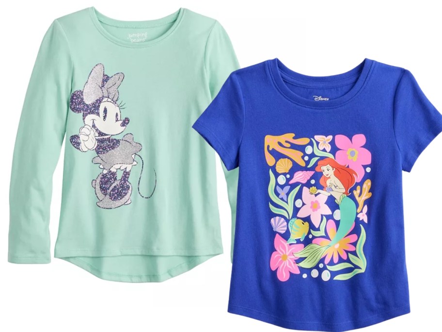 kid's green Minnie Mouse long sleeve tee and blue Little Mermaid tee