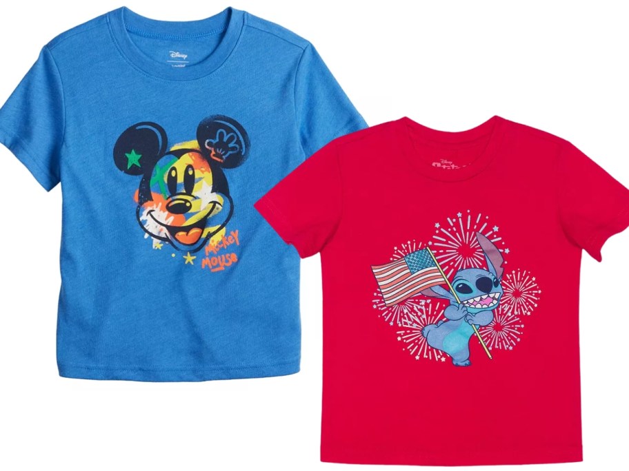 kid's blue Mickey Mouse tee and Red Americana Stitch tee