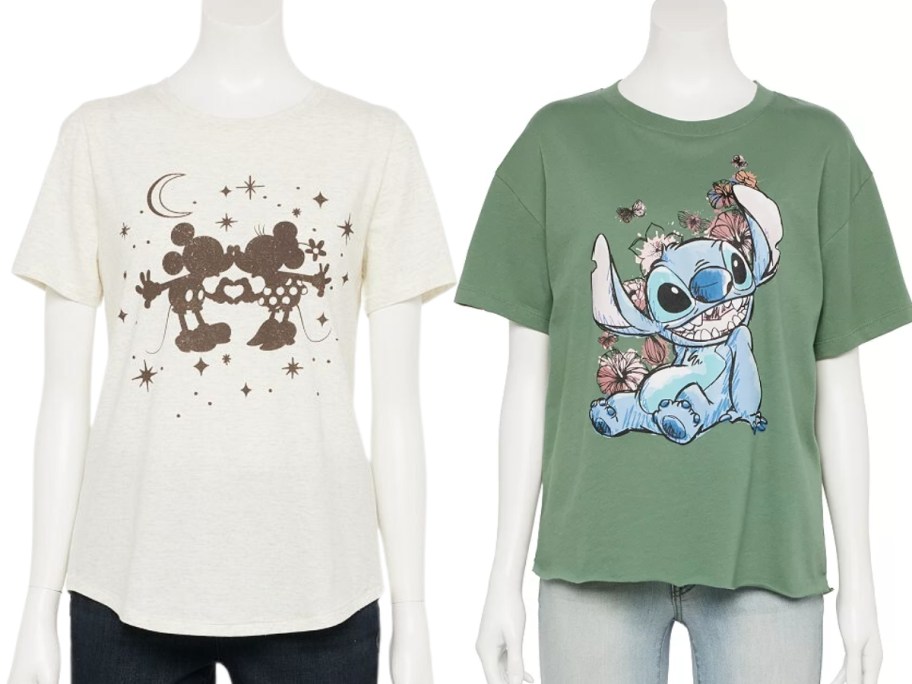 mannequins wearing Disney tees, 1 white with Mickey & Minnie kissing and the other green with flowers and Stitch 