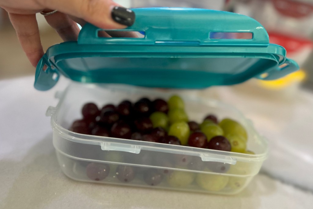 grapes inside storage container with blue lid