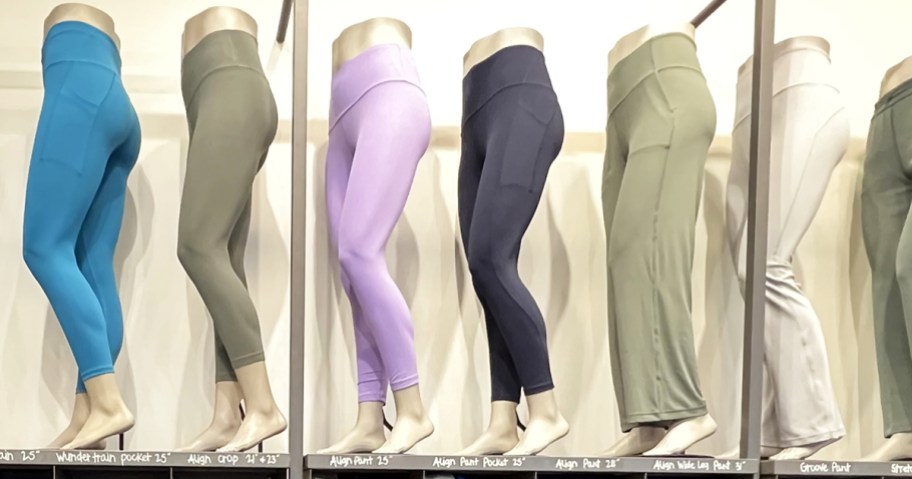 multiple styles and colors of lululemon Align Leggings on display in store