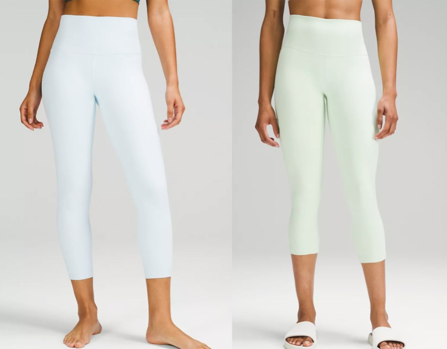 two women in pastel blue and green cropped leggings