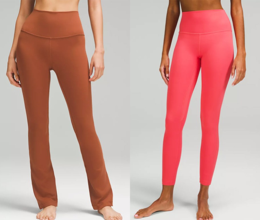 women in brown yoga pants and pink cropped leggings