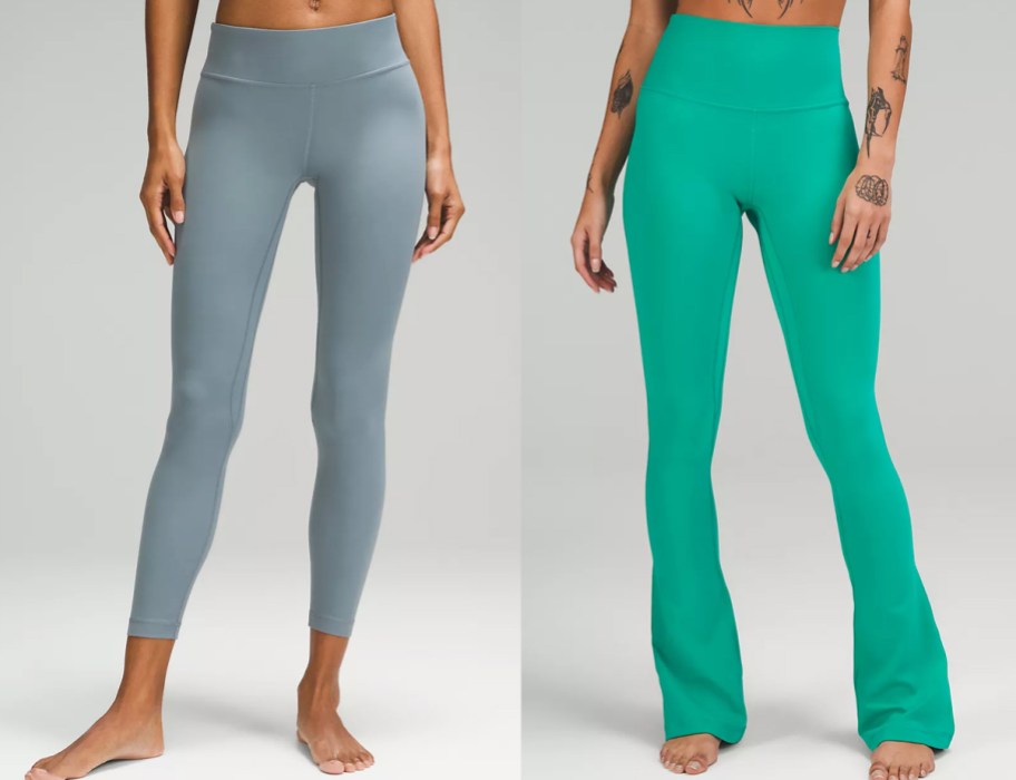 women in blue/grey leggings and green yoga pants