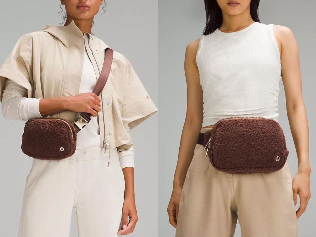 two women wearing lululemon sherpa belt bags in the 1L and 2L sizes