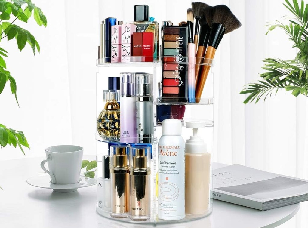 makeup organizer with makeup and skincare shown inside