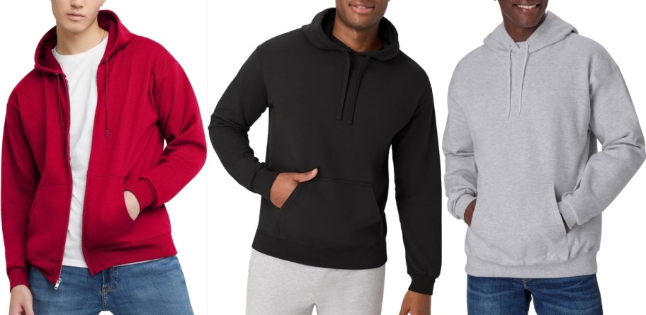 three men in hanes hoodies in different styles and colors