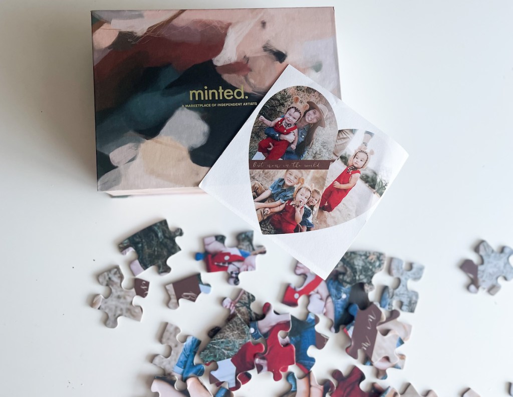 minted box with personalized photo heart shaped puzzle on white table