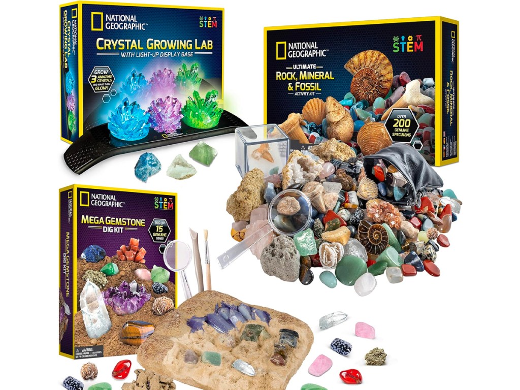 national geographic fossil sceince kits with boxes and items sitting outside the box