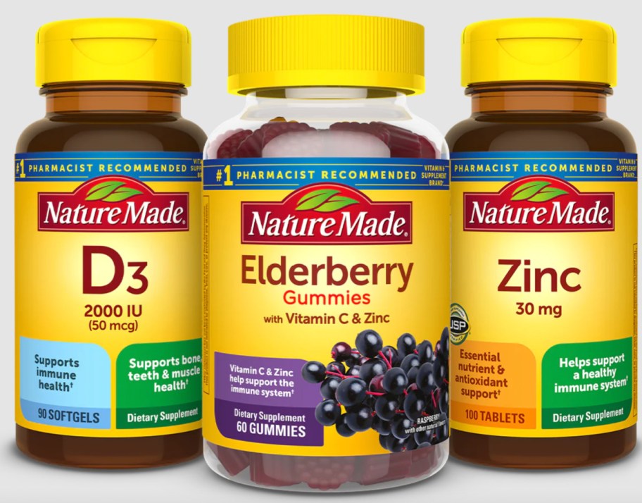 elderberry, zinc, and d3 vitamin bottles