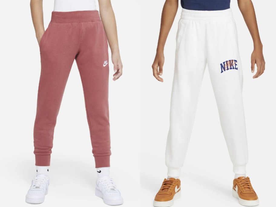 two kids wearing pink and white nike pants 