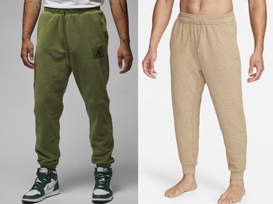 man wearing green nike pants and man wearing beige nike yoga pants