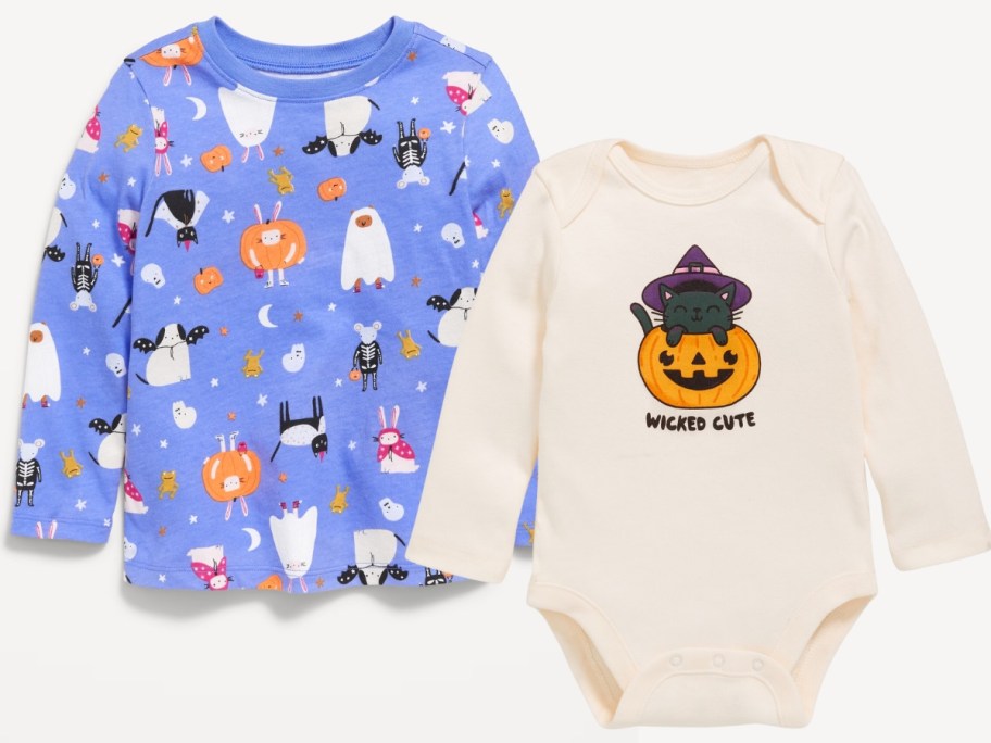 toddler's blue Halloween long sleeve t-shirt and baby long sleeve Halloween bodysuit with a pumpkin and black cat