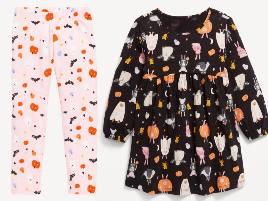 pink toddler leggings with Halloween print and black dress with a different Halloween print