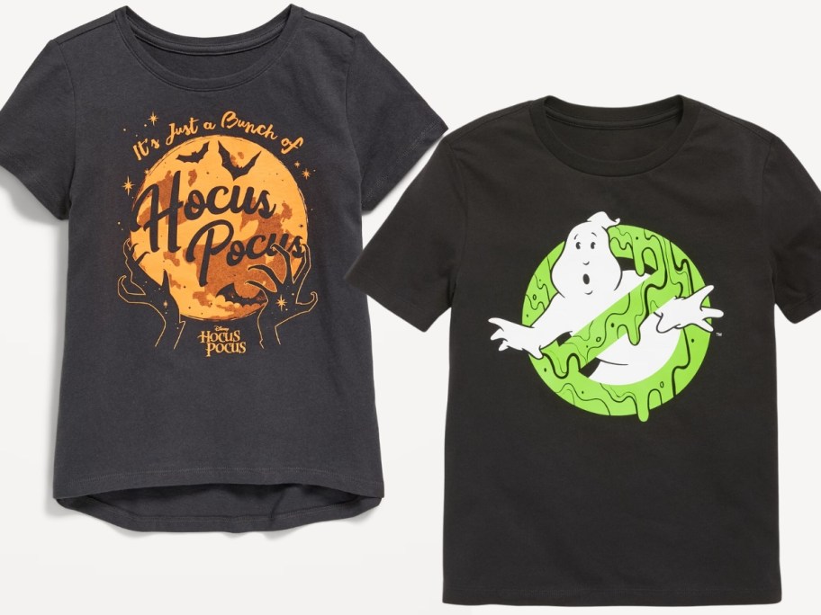kid's Halloween shirts, girls with Hocus Pocus and moon and boys with Ghostbusters logo in green slime