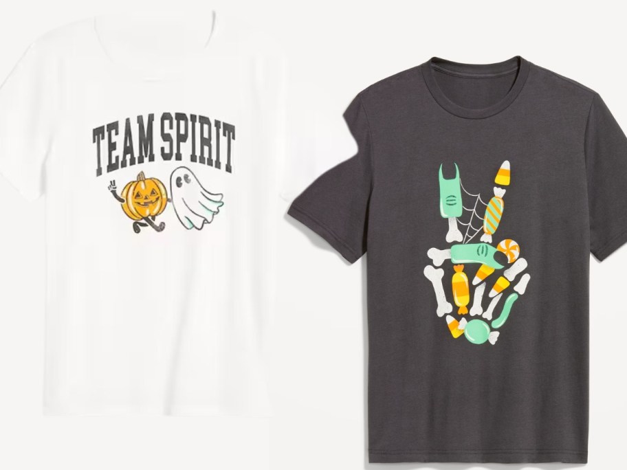 adults Halloween tshirts, white with "Team Spirit" and ghost and pumpkin and a black shirt with skeleton hand giving a peace sign