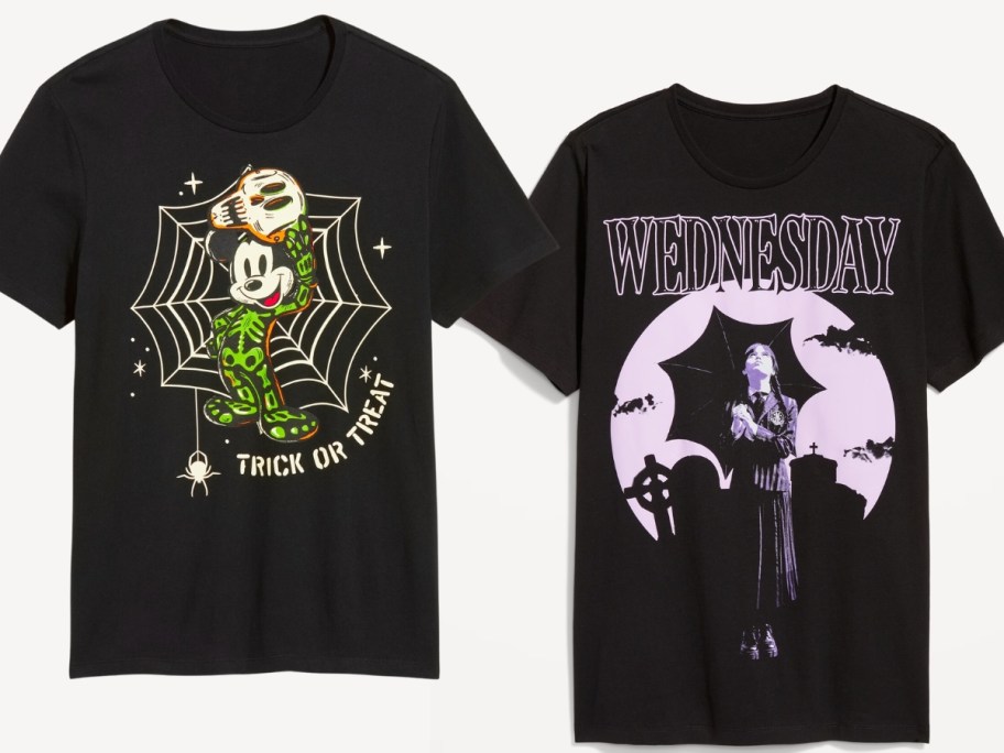 adult black Halloween shirts, 1 with Mickey Mouse and 1 with Wednesday Adams