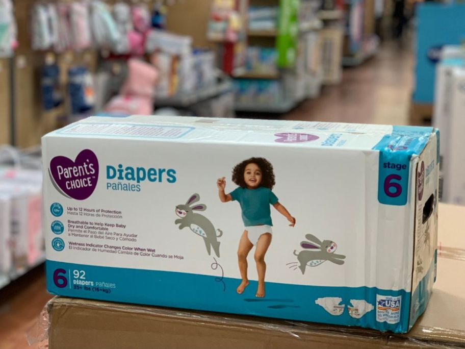 parent's choice diapers sitting on box