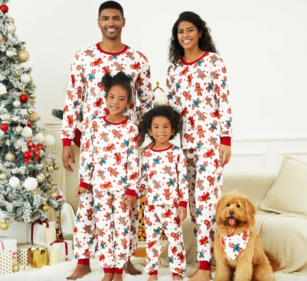 family wearing ginger bread pajamas