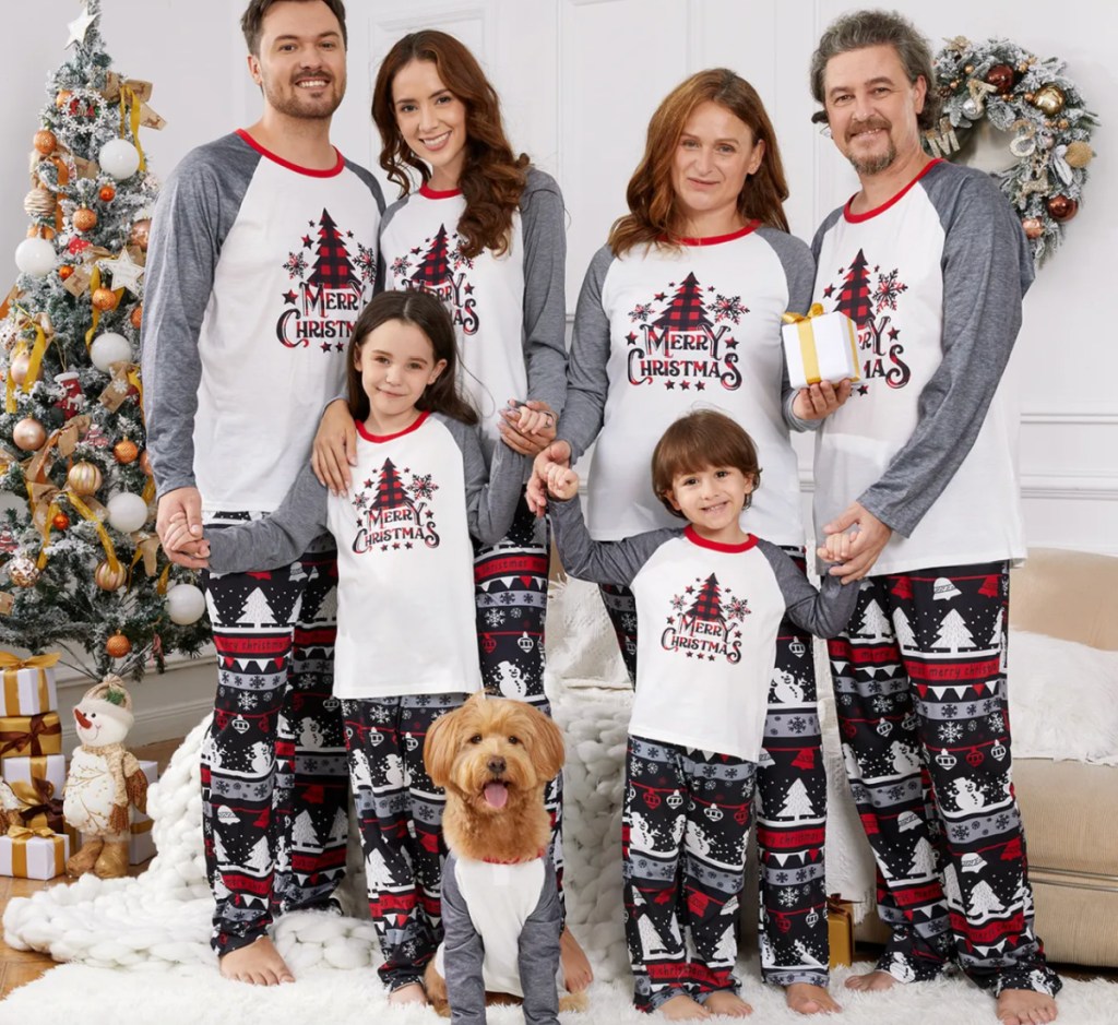 family wearing matching christmas pajamas
