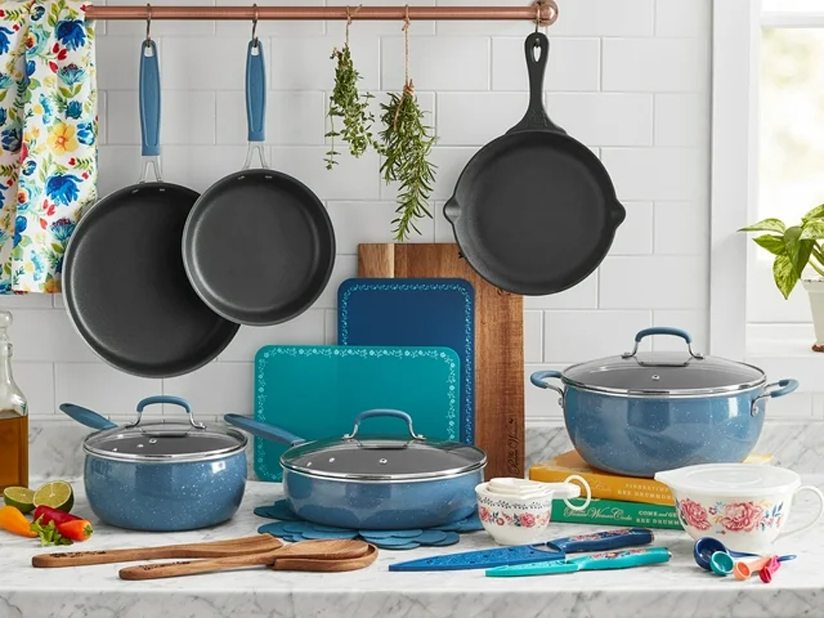 pioneer woman teal cookware set in kitchen