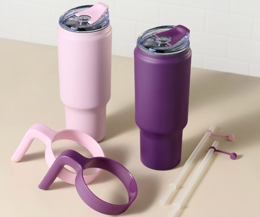 lavender and purple straw tumblers with removable handles