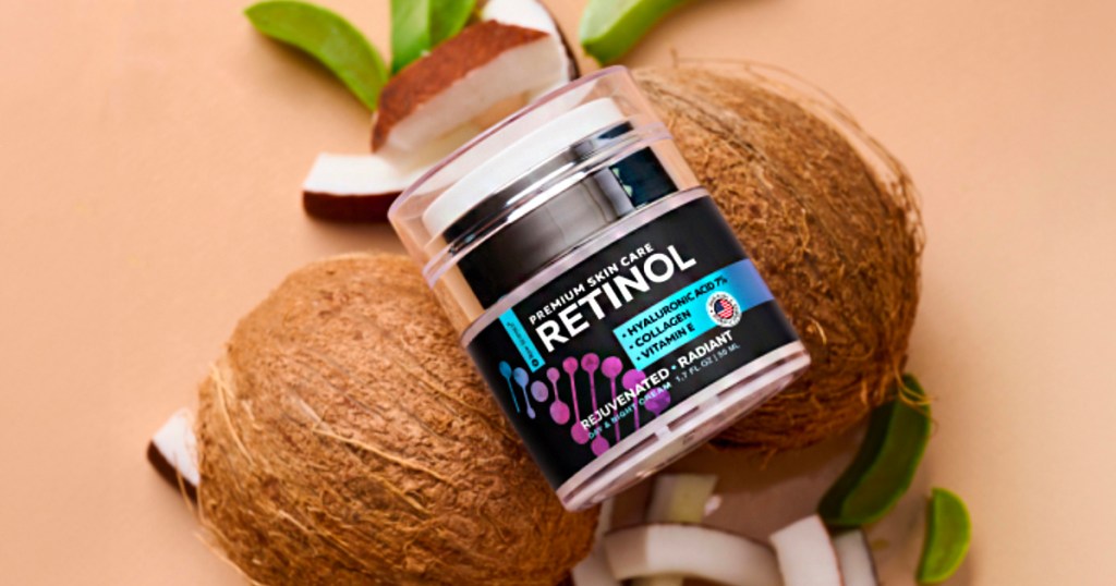 raw science retinol cream jar on top of coconuts