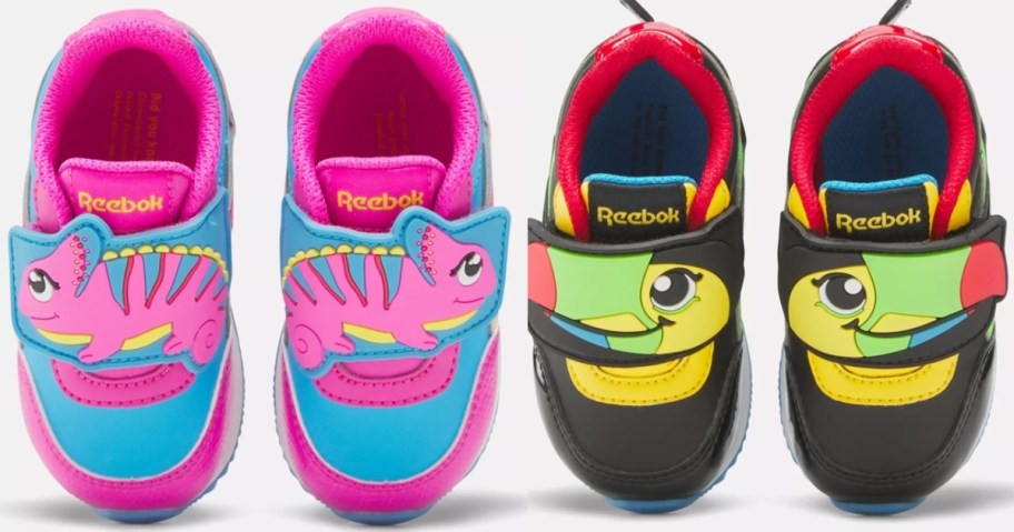 Reebok little kids shoes in pink with a chameleon and black with a toucan