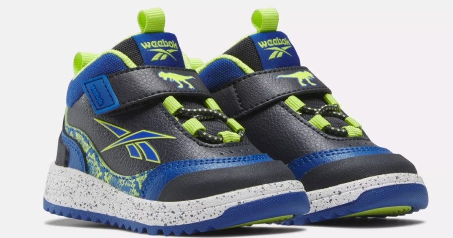 pair of little kid's Reebok shoes in black, blue and yellow